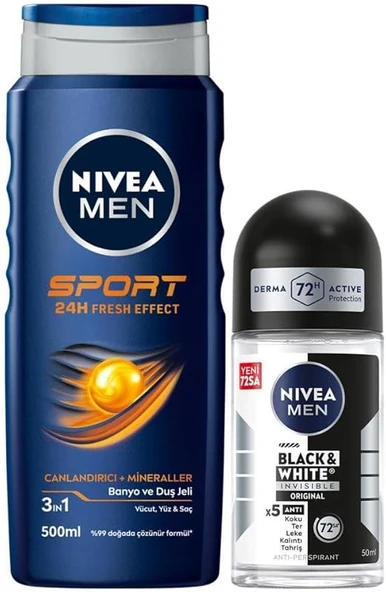 Nivea Men Sport Duş Jeli 500 ML + Invisible Black&White Fresh Erkek Roll-On Deodorant 50 ML ürün görseli