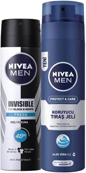 NIVEA Men Erkek Sprey Deodorant Black&White Invisible Fresh 48 Saat Anti-perspirant Koruma 150ml ve NIVEA Men Protect&Care Tıraş Jeli 200ml, Kuru Ciltler İçin, Pürüzsüz Tıraş ürün görseli