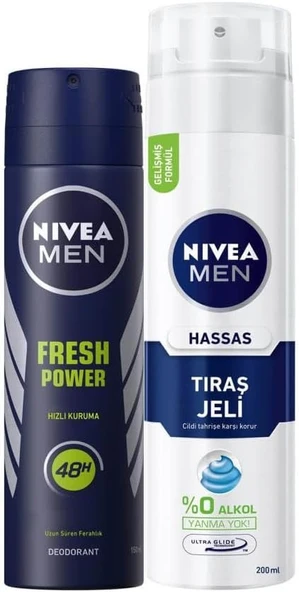 NIVEA Men Erkek Sprey Deodorant Fresh Power 150ml ve NIVEA Men Hassas Tıraş Jeli 200ml, Hassas Ciltlere Özel Hızlı Koruma, Yanma Karşıtı, Alkolsüz Formül ürün görseli