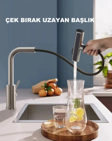 ÇOK MODLU INOX MUTFAK EVYE BATARYASI MAT GRİ MUSLUK SPİRALLİ ÇEK BIRAK BAŞLIK YAĞMURLAMA - 4