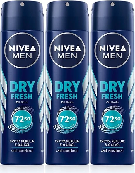 NIVEA MEN Erkek Sprey Deodorant Dry Fresh 72 Saat Anti-perspirant Koruma,Ekstra Kuruluk,150ml X3 Adet