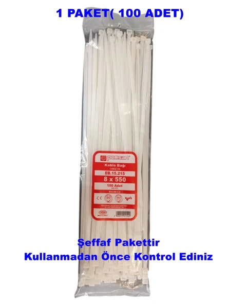 PEMSAN Klips Kablo Bağı 8x550 BEYAZ (100lü Paket) Kablo Cırdı - 2