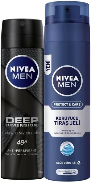 NIVEA Men Erkek Sprey Deodorant Deep Dimension 48 Saat Anti-perspirant Koruma 150ml ve NIVEA Men Protect&Care Tıraş Jeli 200ml, Kuru Ciltler İçin, Pürüzsüz Tıraş ürün görseli