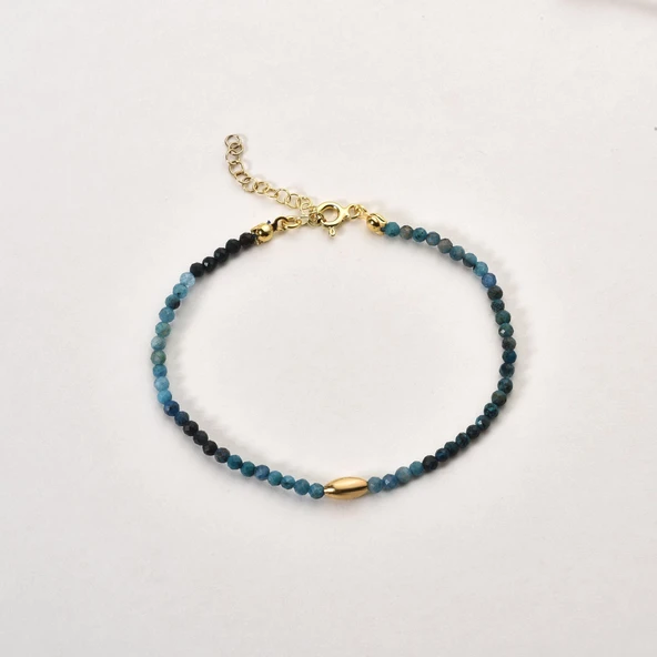 14 Ayar Altın Kaplama Doğal Azurit 2,5 mm Fasetli Boncuklu Gümüş Bileklik - BGS00102 - Resim 3