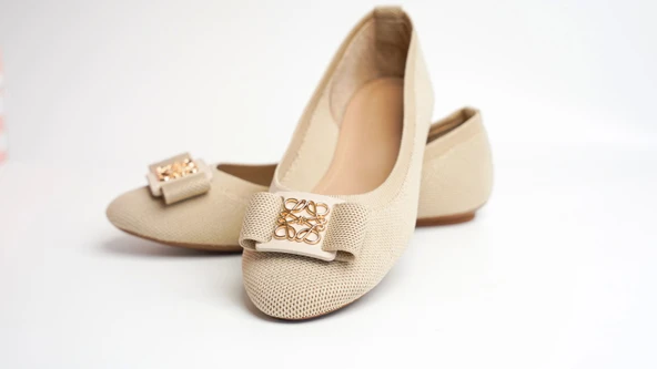 Assortie Bej Örgü Altın Detaylı Fiyonklu Kadın Babet - 4