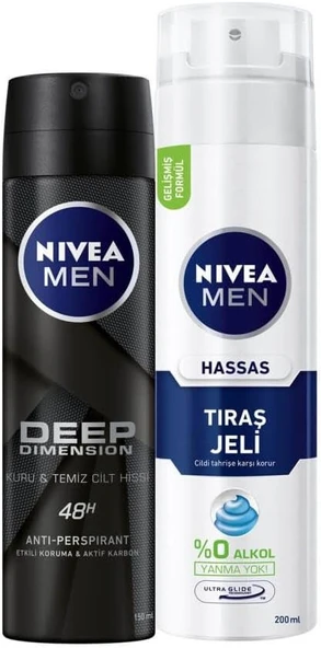 NIVEA Men Erkek Sprey Deodorant Deep Dimension 48 Saat Anti-perspirant Koruma 150ml ve NIVEA Men Hassas Tıraş Jeli 200ml, Hassas Ciltlere Özel Hızlı Koruma, Yanma Karşıtı, Alkolsüz Formül ürün görseli