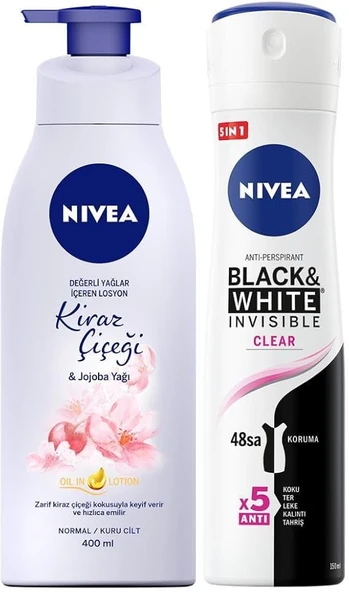 NIVEA Kadın Sprey Deodorant Black&White InvisibleClear 150ml,Kiraz Çiçeği Nemlendirici Vücut Losyonu 400ml