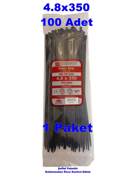 PEMSAN Klips Kablo Bağı 4.8x350 SİYAH (100lü Paket) Kablo Cırdı