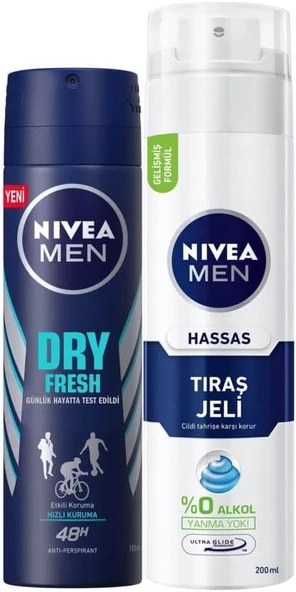 NIVEA Men Erkek Sprey Deodorant Dry Fresh 72 Saat Anti-perspirant Koruma 150ml ve NIVEA Men Hassas Tıraş Jeli 200ml, Hassas Ciltlere Özel Hızlı Koruma, Yanma Karşıtı, Alkolsüz Formül