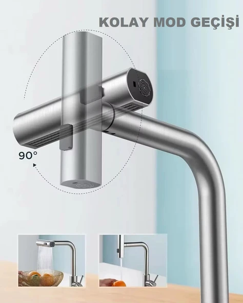 ÇOK MODLU INOX MUTFAK EVYE BATARYASI MAT GRİ MUSLUK SPİRALLİ ÇEK BIRAK BAŞLIK YAĞMURLAMA - 3