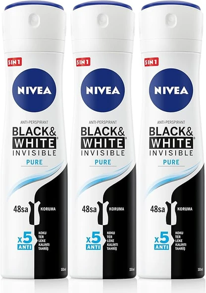 NIVEA Kadın Sprey Deodorant Black&White Invisible Pure, Ter ve Ter Kokusuna Karşı 48 Saat Anti-perspirant Koruma 150ml x 3 Adet ürün görseli 1