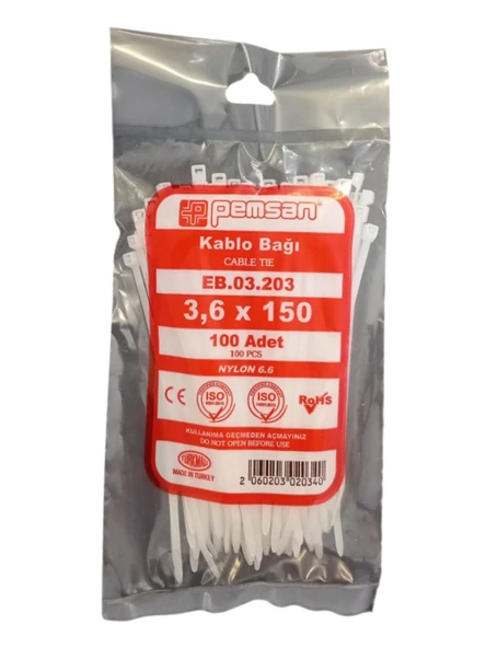 PEMSAN Klips Kablo Bağı 3.6x150 BEYAZ (100lü Paket) Kablo Cırdı - 2