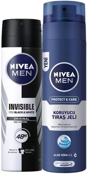 NIVEA Men Erkek Sprey Deodorant Black&White Invisible Original 48 Saat Anti-perspirant Koruma 150ml ve NIVEA Men Protect&Care Tıraş Jeli 200ml, Kuru Ciltler İçin, Pürüzsüz Tıraş ürün görseli 1