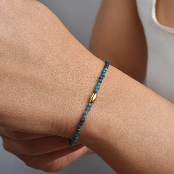 14 Ayar Altın Kaplama Doğal Azurit 2,5 mm Fasetli Boncuklu Gümüş Bileklik - BGS00102 ürün görseli 1