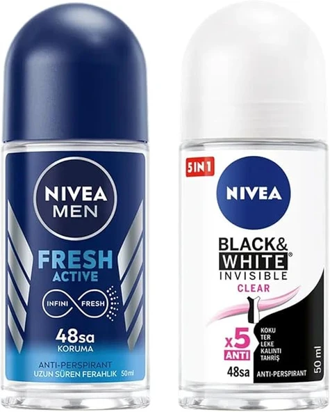 NIVEA Men Erkek Roll On Deodorant Fresh Active 50 ml, Ter ve Ter Kokusuna Karşı 48 Saat Deodorant Koruması X2 + NIVEA Kadın Roll On Deodorant Black & White Invisible Clear 48 Saat Koruma (50 ml) ürün görseli 1
