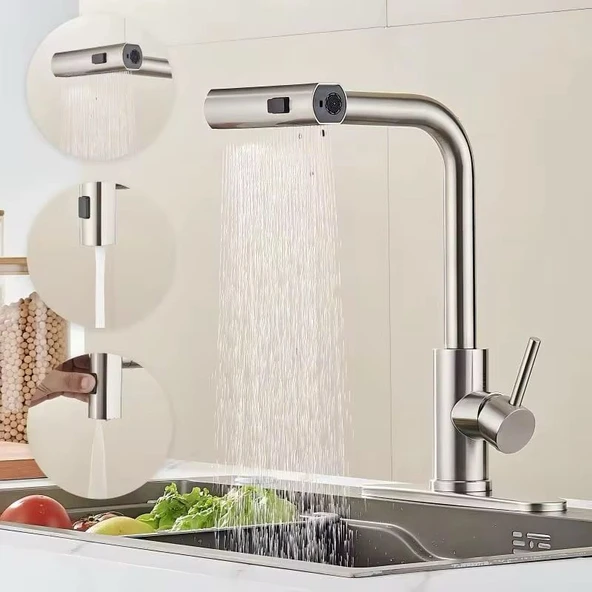 ÇOK MODLU INOX MUTFAK EVYE BATARYASI MAT GRİ MUSLUK SPİRALLİ ÇEK BIRAK BAŞLIK YAĞMURLAMA - 2