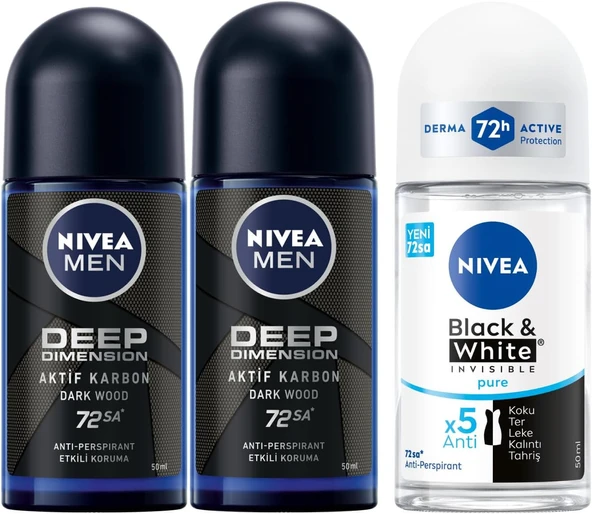 NIVEA Men Erkek Roll On Deodorant Deep Dimension 72 Saat Anti-Perspirant Koruma (50 ml) X2 + NIVEA Kadın Roll On Deodorant Black & White Invisible Pure 48 Saat Anti-perspirant Koruma (50 ml)
