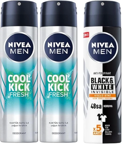 NIVEA Men Erkek Sprey Deodorant Cool Kick Fresh, 150 ml, Ter ve Ter Kokusuna Karşı 48 Saat KorumaX2 + NIVEA Men Erkek Sprey Deodorant Black&White Invisible Güçlü Etki 48 Saat Koruma (150ml) ürün görseli