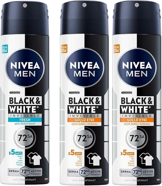 NIVEA Men Erkek Sprey Deodorant Black& White Invisible Fresh 48 Saat Anti-Perspirant Koruma (150 ml) + NIVEA Men Erkek Sprey Deodorant Black & White Invisible Güçlü Etki 48 Saat (150ml) X2 ürün görseli