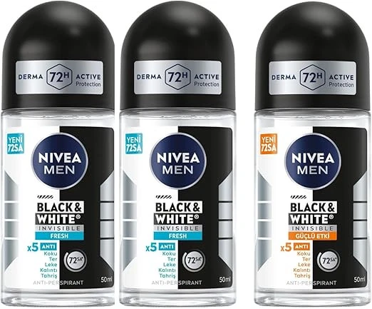 NIVEA Men Erkek Roll On Deodorant Black&White Invisible, 50 ml + NIVEA Men Erkek Roll On Deodorant Black&White Invisible Fresh 48 Saat Anti-Perspirant Koruma, 50 ml X2 ürün görseli
