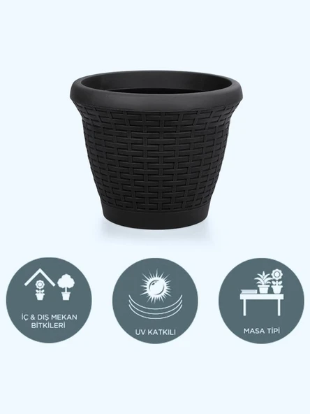 Omnipazar SO-HS04 Plastik Hasır Desenli Saksı 15 lt Antrasit 6 Adet - Resim 4