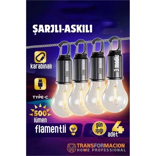 Askılı Portatif Şarjlı Askılı Ampül - 4 lü Kamp Lambası - Acil Durum Lambası - 2