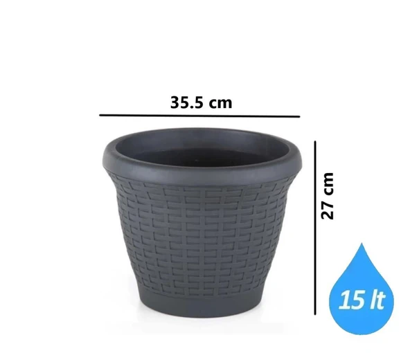 Omnipazar SO-HS04 Plastik Hasır Desenli Saksı 15 lt Antrasit 6 Adet - Resim 2