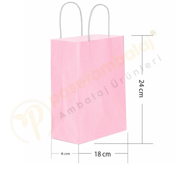 Pembe Kraft Çanta Küçük Boy 18x8x24 cm 25 Adet ürün görseli 1