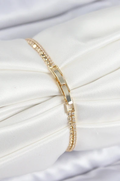 Pirinç Zirkon Taşlı Ezme Zincirli Kalp Model Gold Renk Kadın Bilekilk - Resim 2