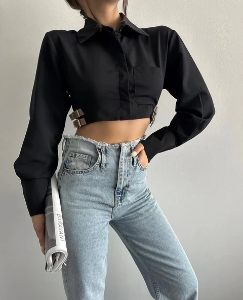Yanı kemer detaylı crop gömlek siyah s4009 ürün görseli
