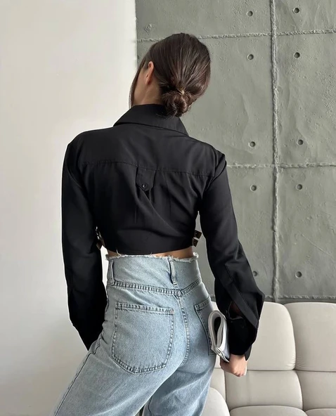 Yanı kemer detaylı crop gömlek siyah s4009 - Resim 5