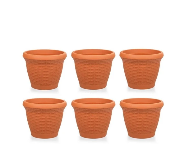 Omnipazar SO-HS04 Plastik Hasır Desenli Saksı 15 lt Kiremit 6 Adet