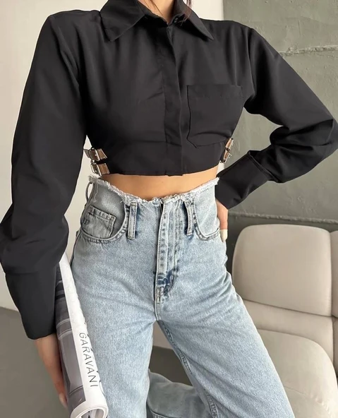 Yanı kemer detaylı crop gömlek siyah s4009 - Resim 2
