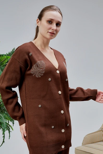 Kadın Triko Takım Taşlı Standart Beden Kahverengi - Resim 10