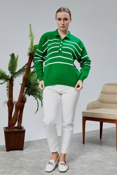 Kadın Polo Yaka Oversize Çizgili 4 Düğmeli Triko Kazak Yeşil - Resim 13