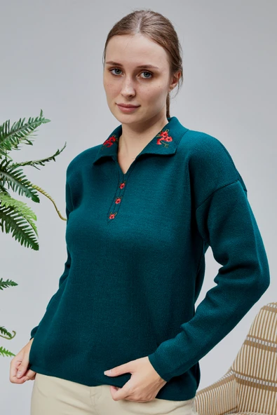 Kadın Polo Yaka Oversize Çiçek Nakışlı Triko Kazak Petrol Yeşili - Resim 12