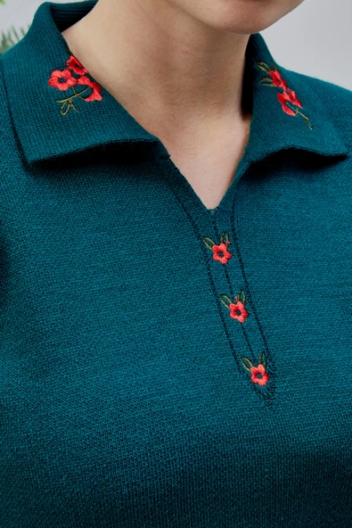 Kadın Polo Yaka Oversize Çizgili 4 Düğmeli Triko Kazak Yeşil - Resim 5