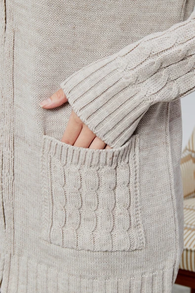 Lugmo Kadın Triko Hırka Fermuarlı Cepli Standart Beden Taş Rengi - Resim 6