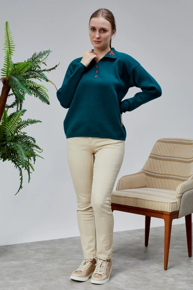 Kadın Polo Yaka Oversize Çizgili 4 Düğmeli Triko Kazak Yeşil - Resim 7