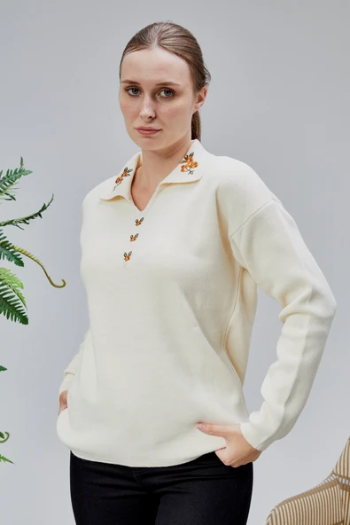 Kadın Polo Yaka Oversize Çiçek Nakışlı Triko Kazak Ekru - Resim 8