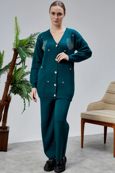 Kadın Triko Takım Taşlı Standart Beden Petrol Yeşili - Resim 8