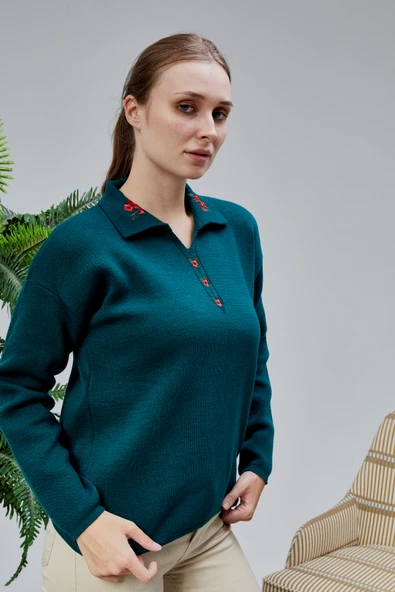 Kadın Polo Yaka Oversize Çizgili 4 Düğmeli Triko Kazak Yeşil - Resim 6