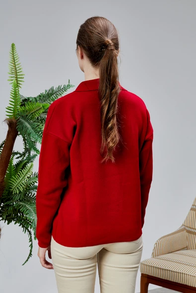 Kadın Polo Yaka Oversize Çiçek Nakışlı Triko Kazak Kırmızı - Resim 3