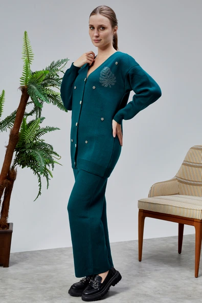 Kadın Triko Takım Taşlı Standart Beden Petrol Yeşili - Resim 3