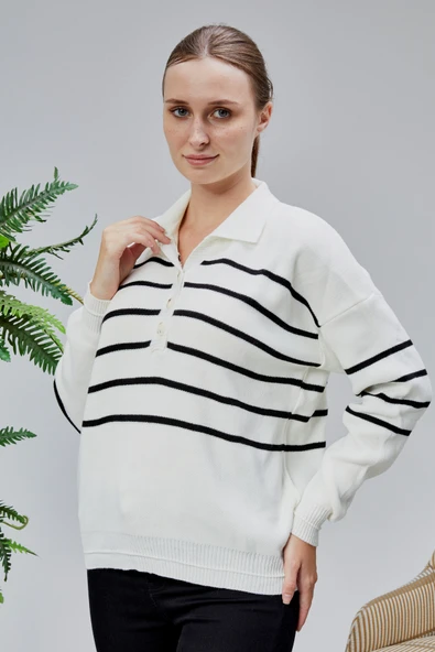 Kadın Polo Yaka Oversize Çizgili 4 Düğmeli Triko Kazak Ekru - 3