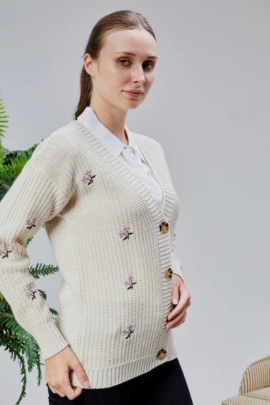 Lugmo Kadın Triko Hırka Çiçek Nakışlı Standart Beden Ten - Resim 7