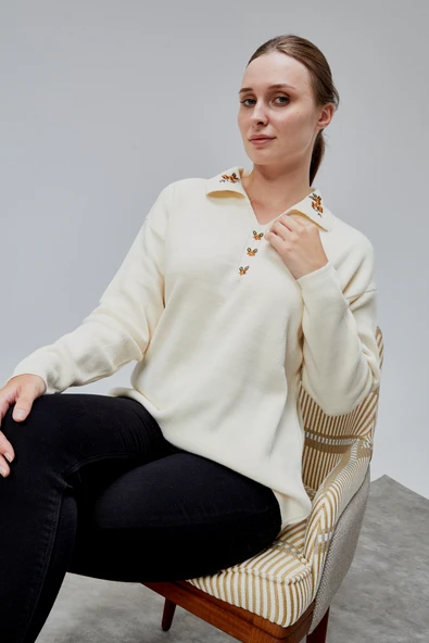 Kadın Polo Yaka Oversize Çiçek Nakışlı Triko Kazak Ekru - Resim 12