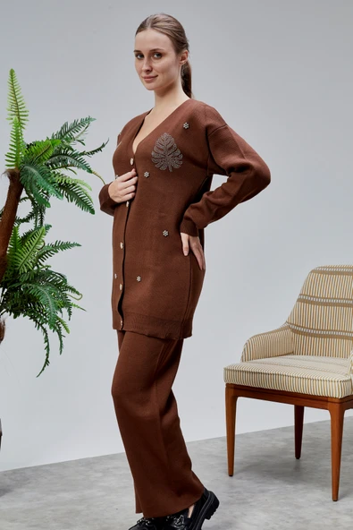 Kadın Triko Takım Taşlı Standart Beden Kahverengi - Resim 6