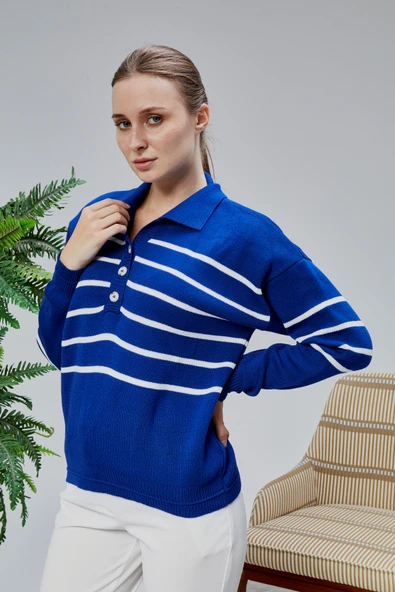 Kadın Polo Yaka Oversize Çizgili 4 Düğmeli Triko Kazak Saks Mavi - Resim 3