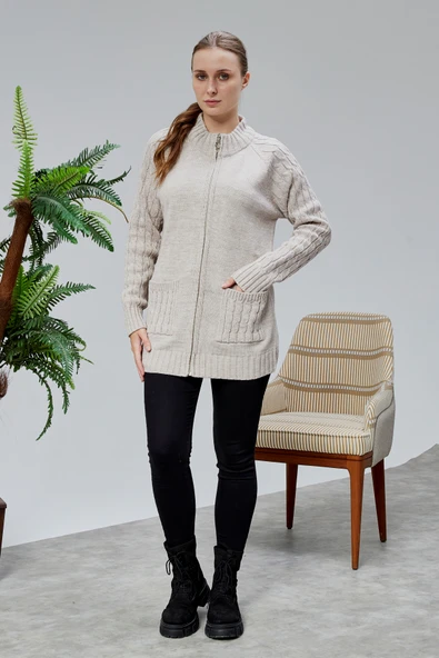 Lugmo Kadın Triko Hırka Fermuarlı Cepli Standart Beden Taş Rengi - Resim 4